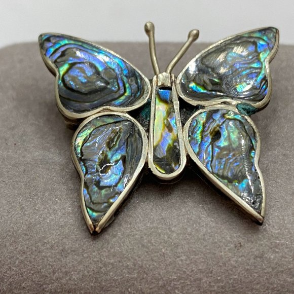 Butterfly Pin Brooch Abalone Shell Wings Made in Mexico,Vintage Alpaca Silver - Picture 3 of 5